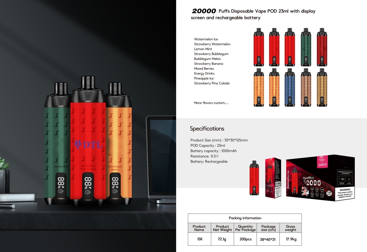 Dispositif Cigarette électronique jetable vape Pod 20000 bouffées DL DTL E-Shisha Hookah avec l'écran, contrôle de flux d'air et rechargeable